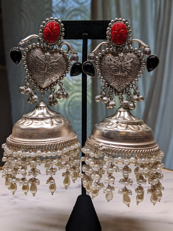 Silver plated heart jhumkas